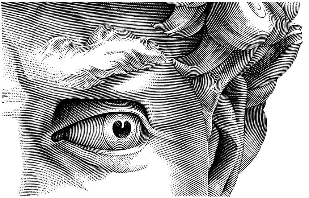 Grabado a línea en blanco y negro: el ojo de una escultura, en primer plano.