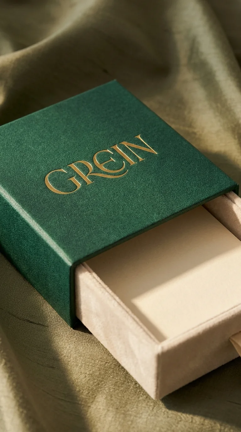 Estuche rígido esmeralda con logotipo Pliegue en foil.