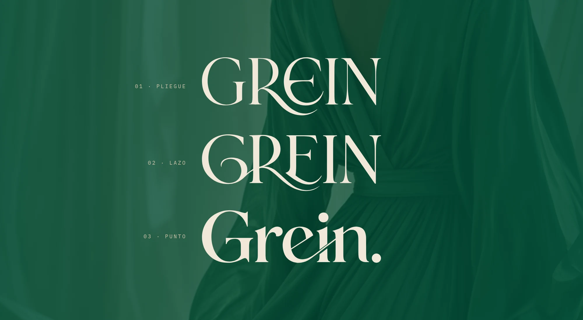 Tres propuestas de logotipo Grein sobre seda esmeralda.