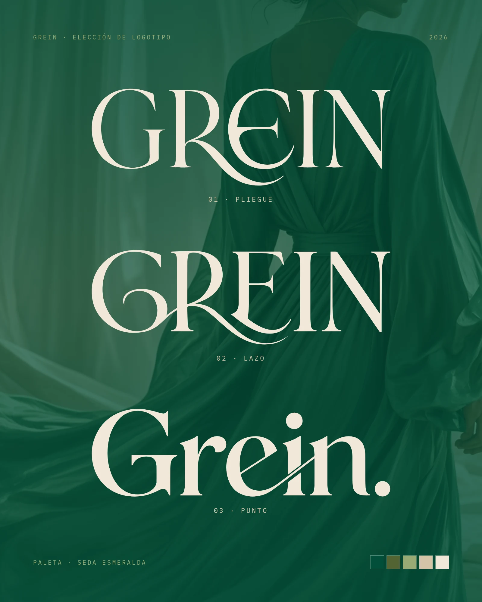Tres propuestas de logotipo Grein sobre seda esmeralda.