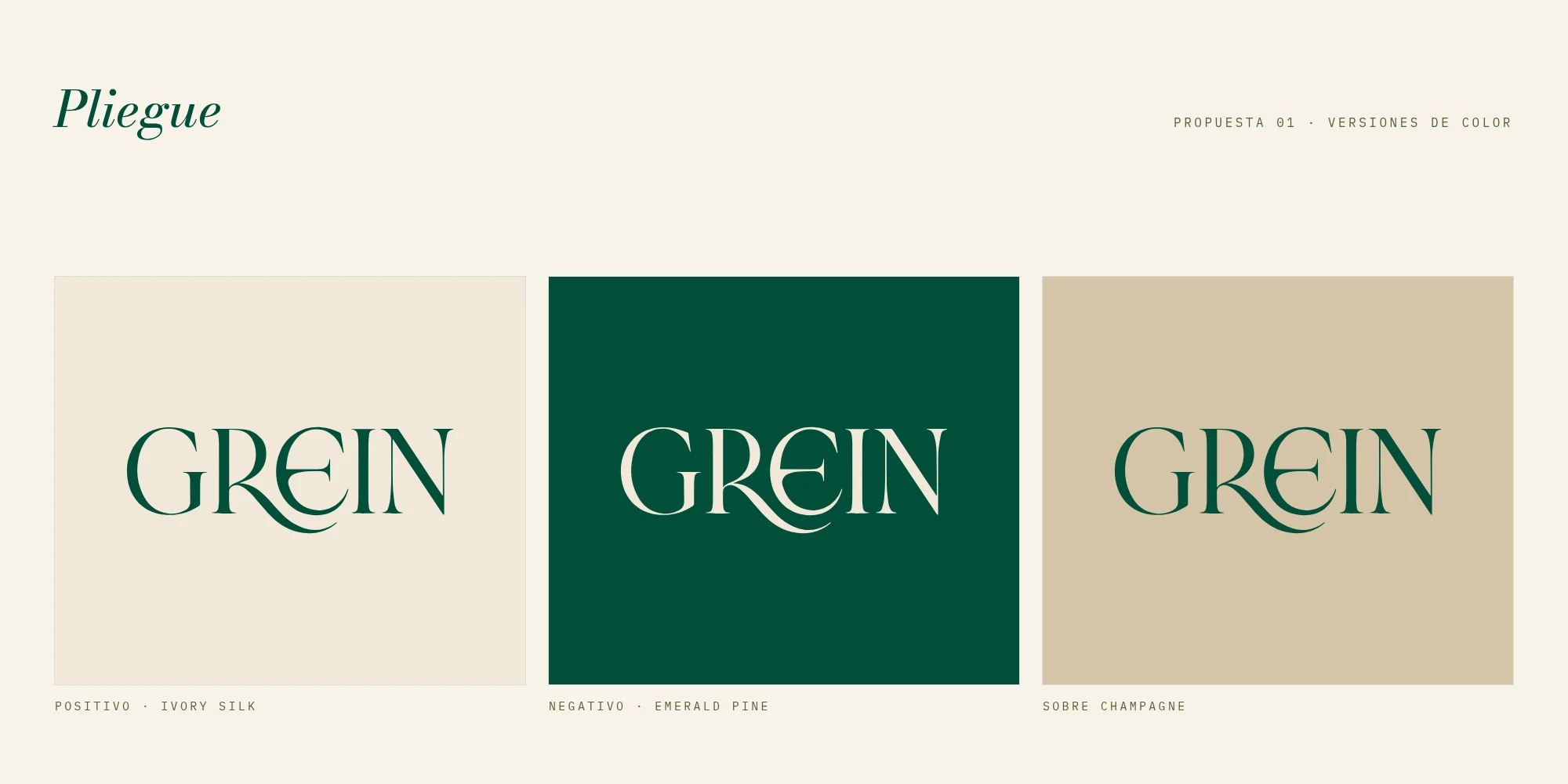 Pliegue: logotipo en positivo sobre Ivory Silk, en negativo sobre Emerald Pine y sobre Champagne.