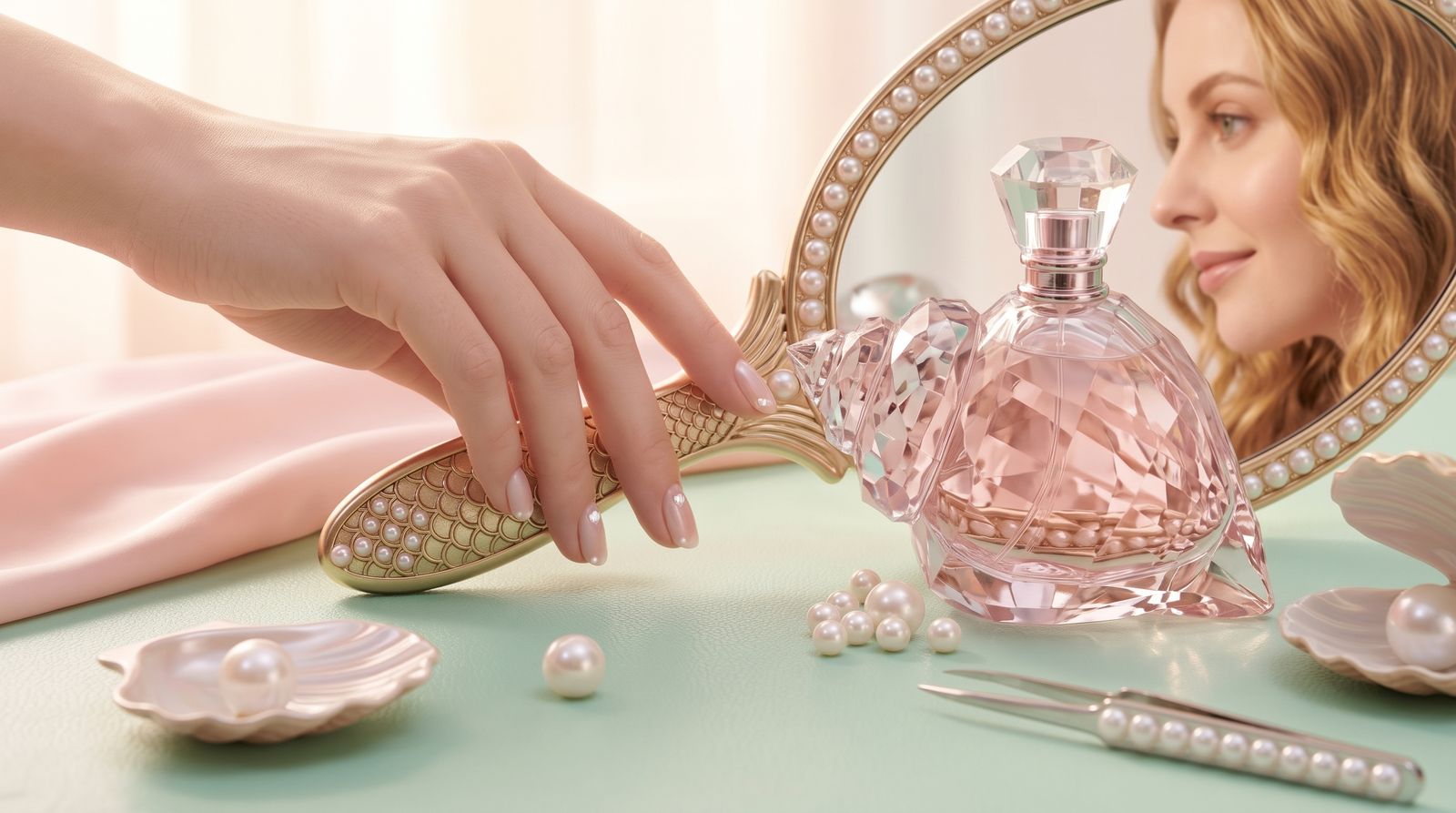 Mano con perlas en las uñas, espejo y frasco rosa.