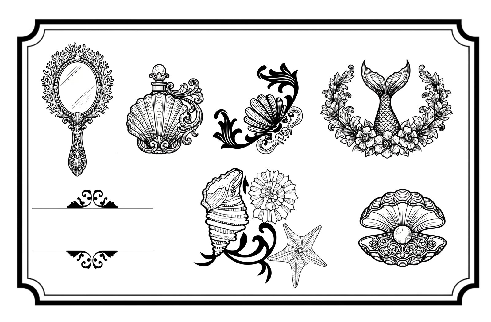 Ornamentos de line art: espejo, conchas, cola de sirena y estrella de mar.