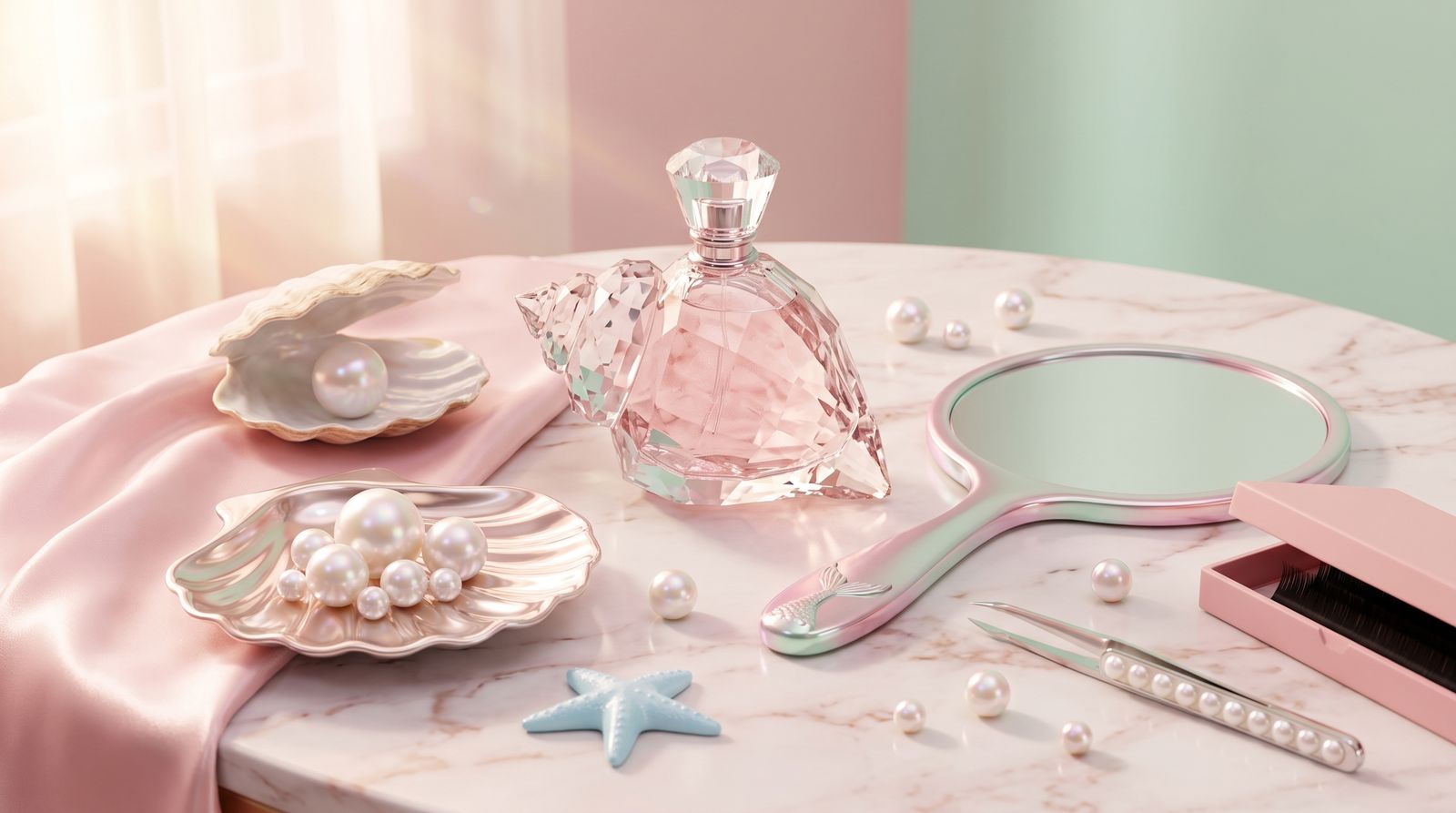 Frasco rosa, conchas con perlas y pinza de pestañas.