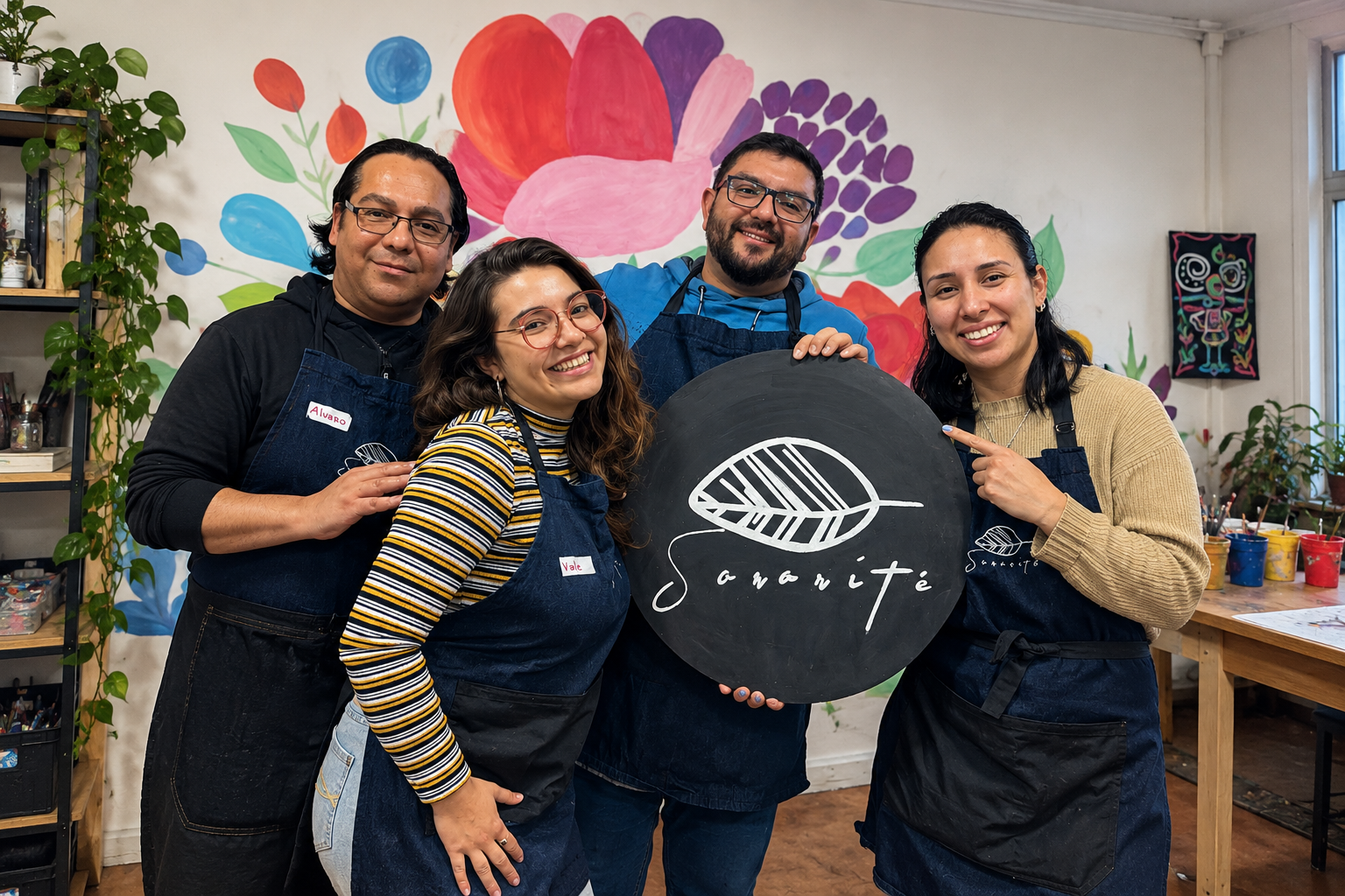 Equipo frente al mural floral.