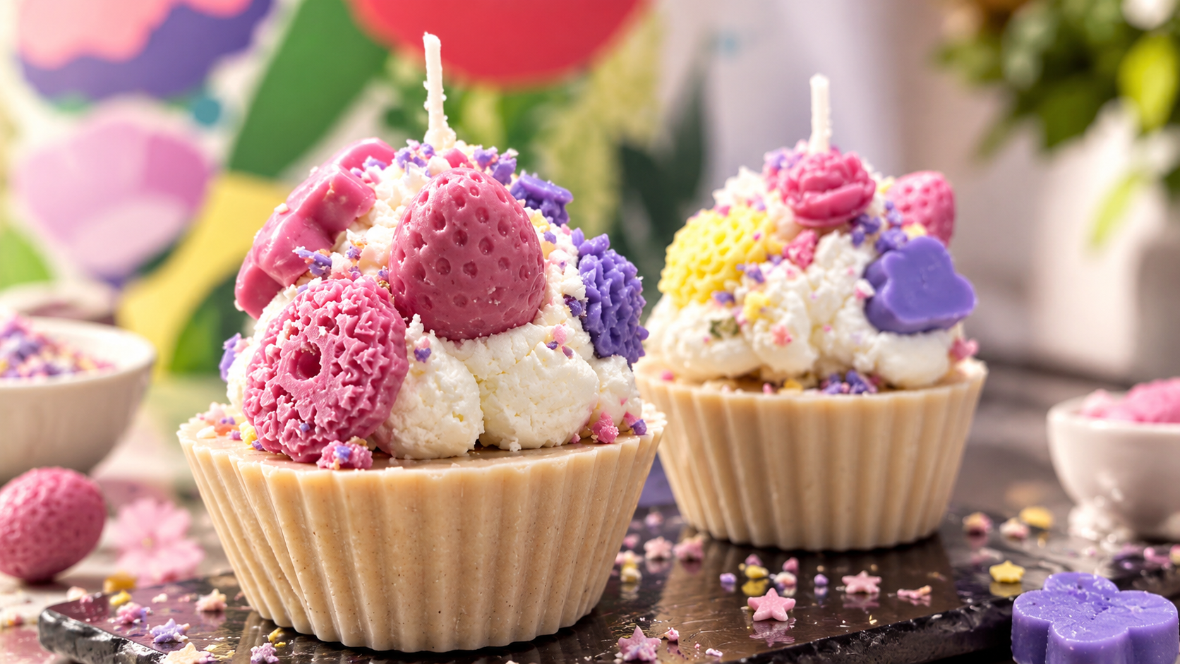 Productos velas y cupcake aromático.